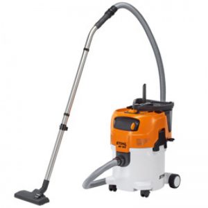 vacuum cleaner machine with a black plastic brush on a long silver stick