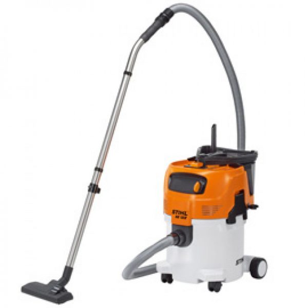 vacuum cleaner machine with a black plastic brush on a long silver stick
