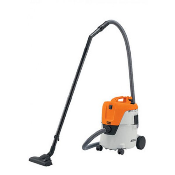 orange vacuum cleaner with a black plastic brush on a long stick