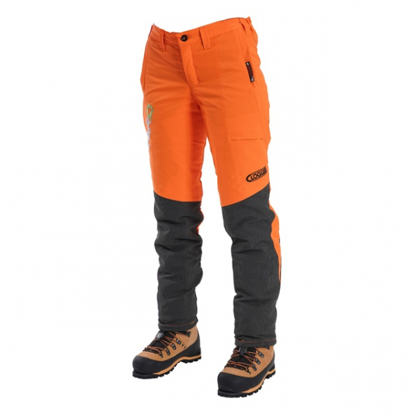 women's orange and black chainsaw pants
