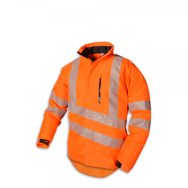 orange work jacket with hood and reflectors