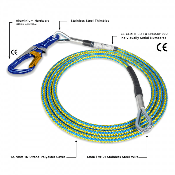 blue and yellow tied rope with two wire core and 3-way snap
