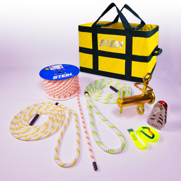 yellow bag with various rope and tools