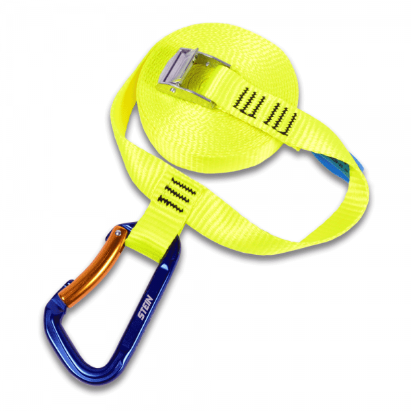 yellow nylon strap with blue clip hook