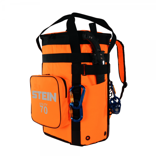 orange utility storage bag with straps and hooks