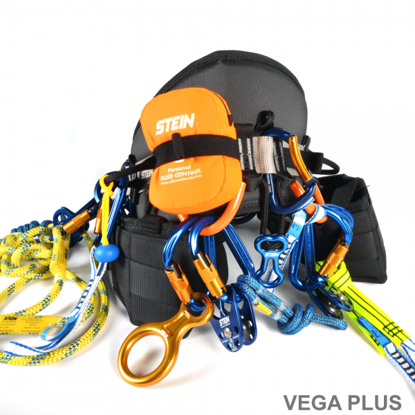 black climbing harness with tools and equipment