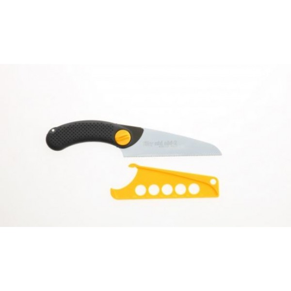 small blade with black handle and yellow cover