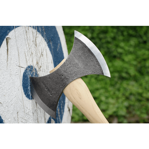 throwing axe with long brown handle