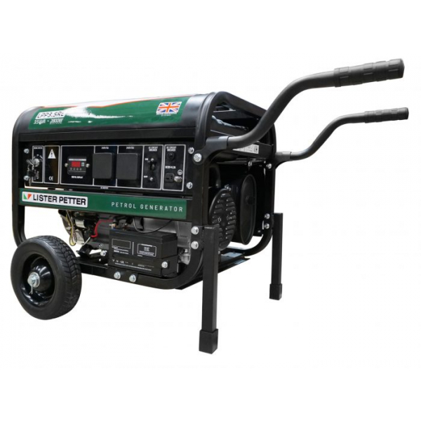 green portable generator with two small wheels and two handles